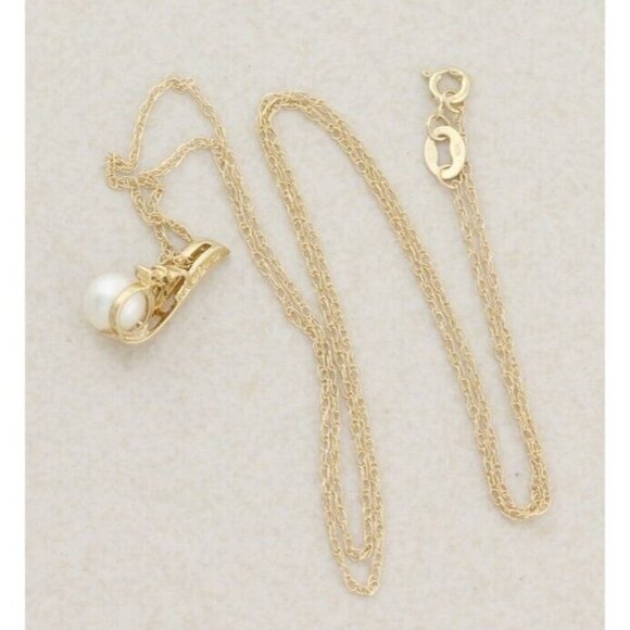 10k Yellow Gold Freshwater Pearl & Cubic Zirconia Necklace 18" Chain - Picture 7 of 7